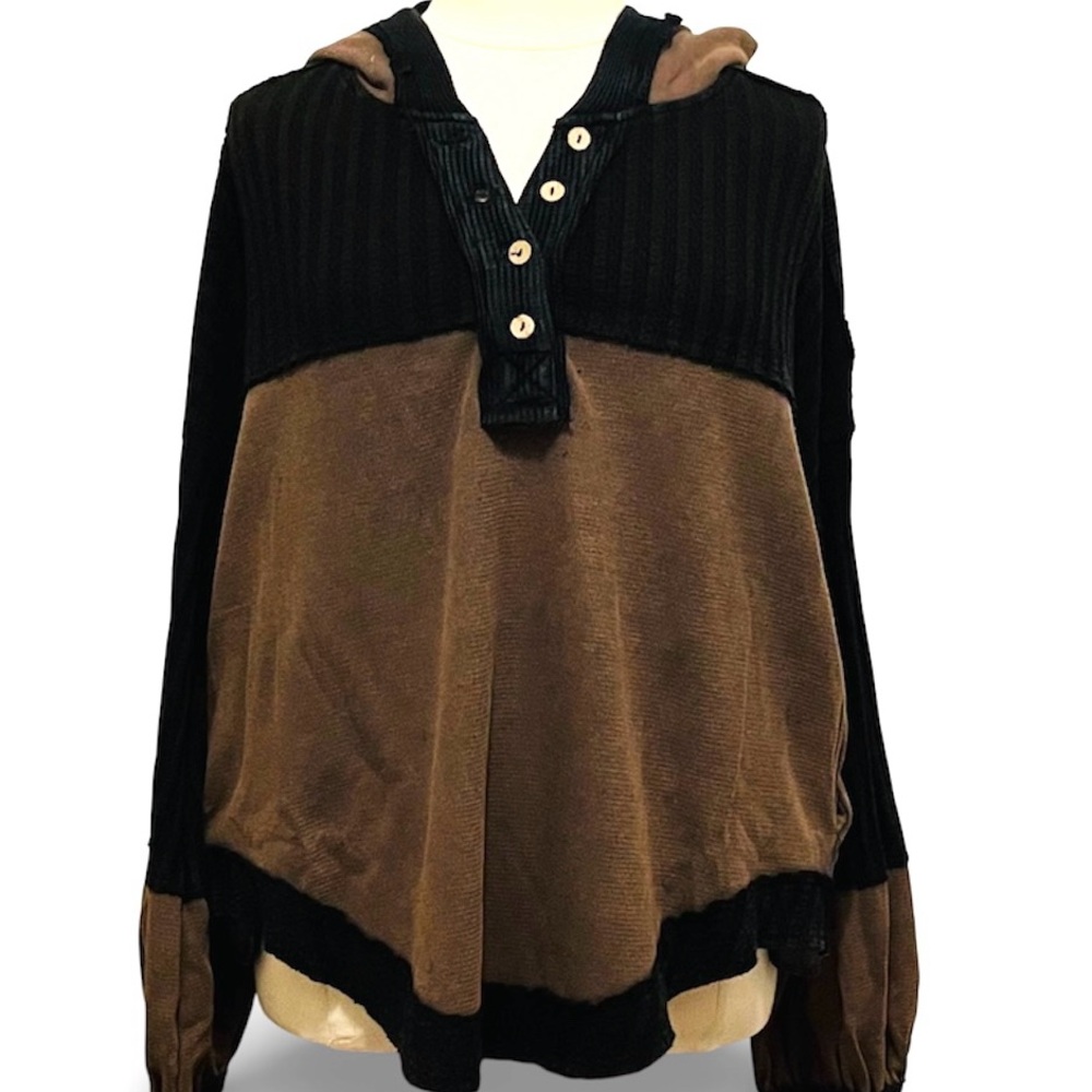 Oli & Hali Black and Brown V-Neck Hoodie sz XL Oversized